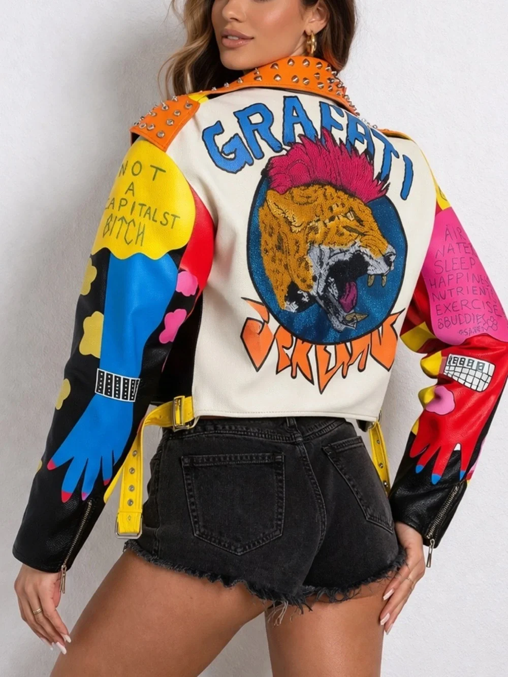 Bold Azalea Wang “Graffiti Kisses” Leather Moto Jacket Large